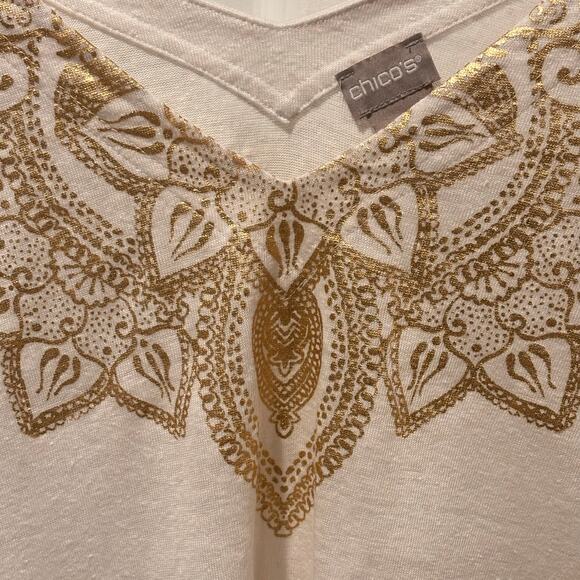 Chico's White Gold Foil Double V Neck Linen Tee Large/2 Beachy Mandala Design - Picture 12 of 13